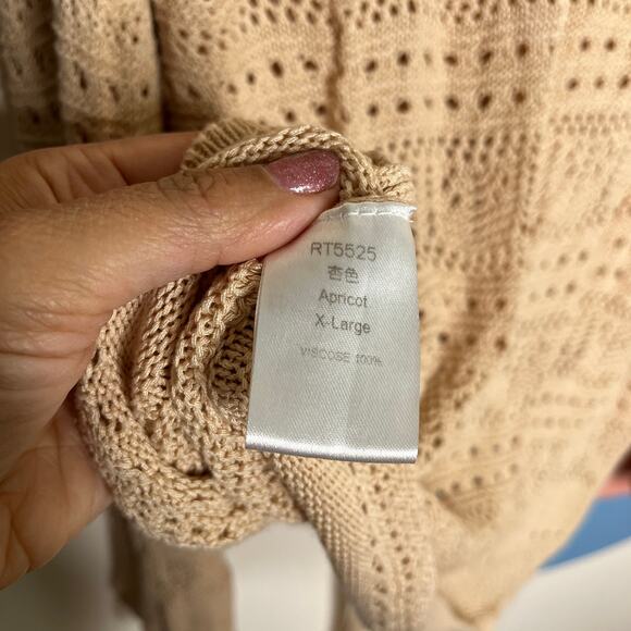 Boho Cinch Front Crochet Top XL V Neck Knit Ruched Tie Long Sleeve Cream Womens - Picture 5 of 7